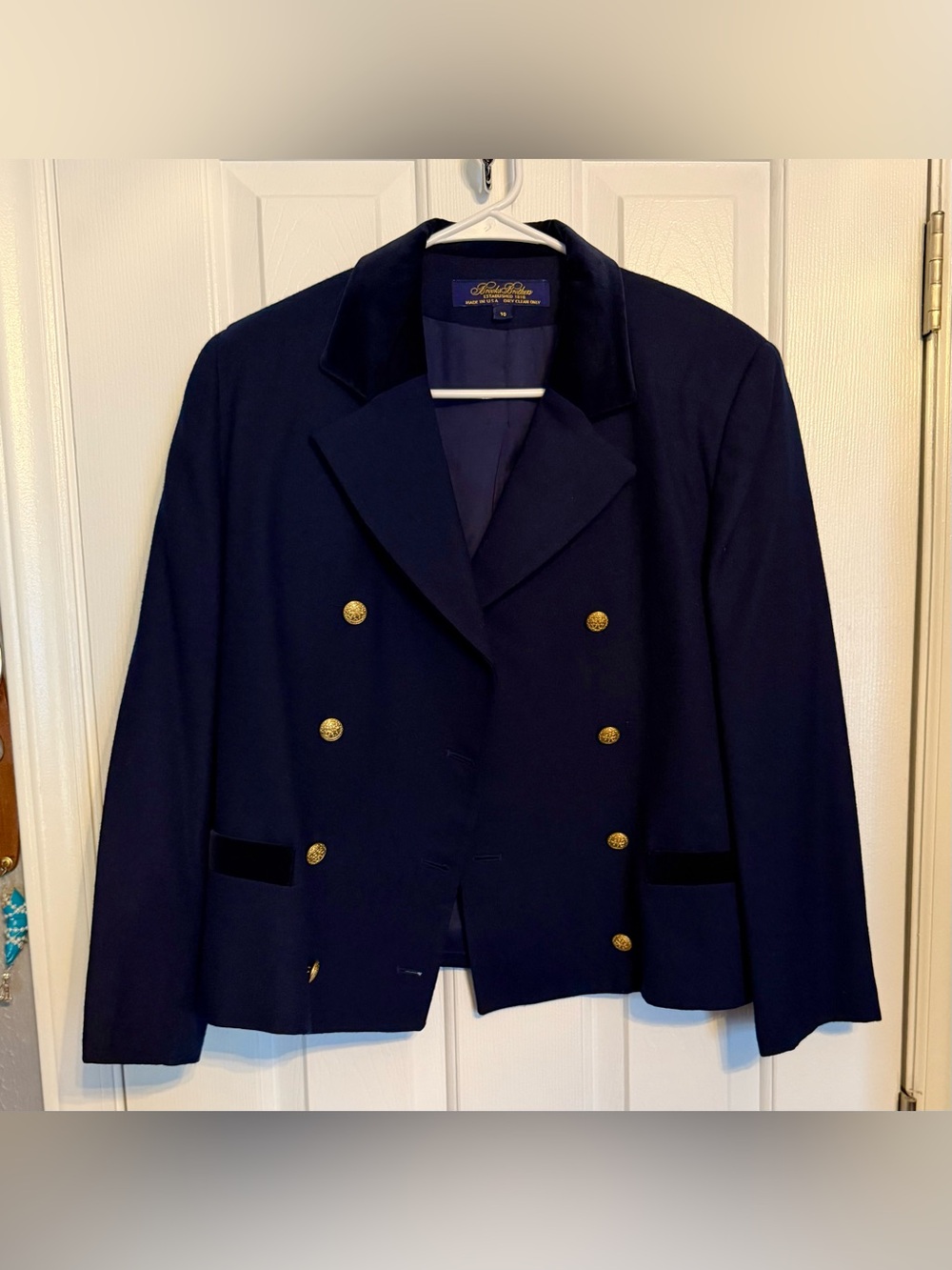 Brooks Brothers Velvet Trim 100% Wool Navy Blazer Womens Size 10
